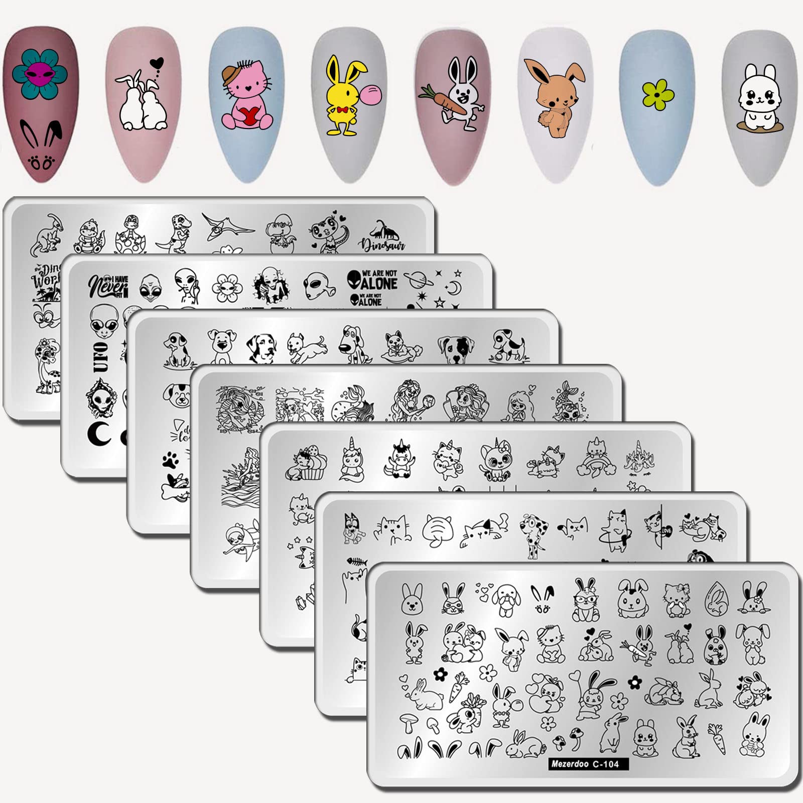 JUNPU Cute Animal Print Nail Stamping Plates 7pcs Stamp Cat Unicorn Mermaid Kit Dinosaur Dogs Rabbit Image Design Art Stars Manicure Template Tools