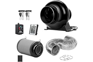 iPower 4 Inch 195 CFM Inline Fan, Upgrade Air Carbon Filter, 8 Feet Ducting Speed Controller Rope Hanger and Temperature Humidity Monitor Kits, 4', Grow Tent Ventilation