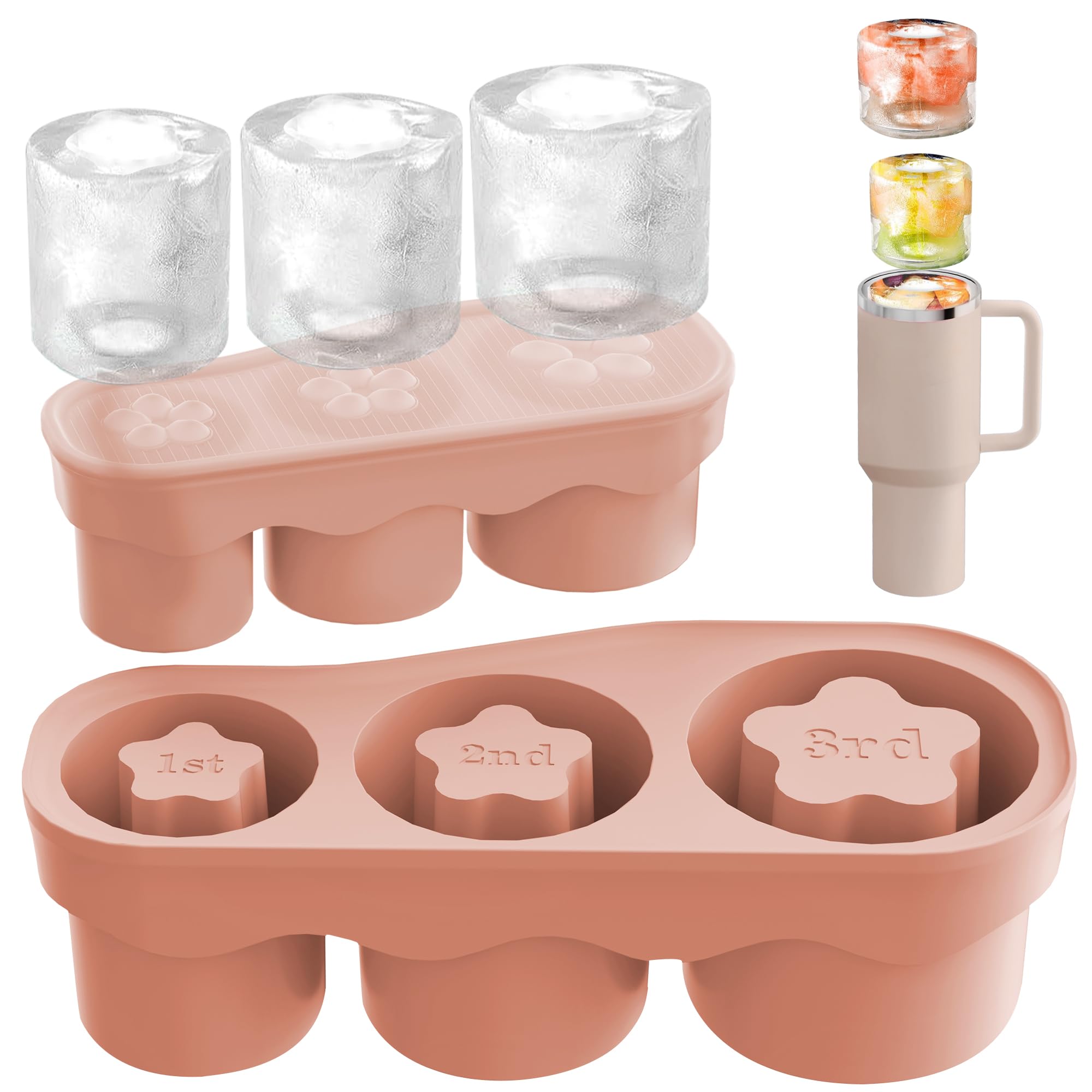 Photo 1 of Coomee Ice Cube Tray for Tumbler Cup 20-40 Oz, 3 Sizes Silicone Cylinder Ice Mold with Lid for Freezer, Easy Fill and Release Ice Cube Maker for Drinks, Coffee, Whiskey, Cocktail (Pink)