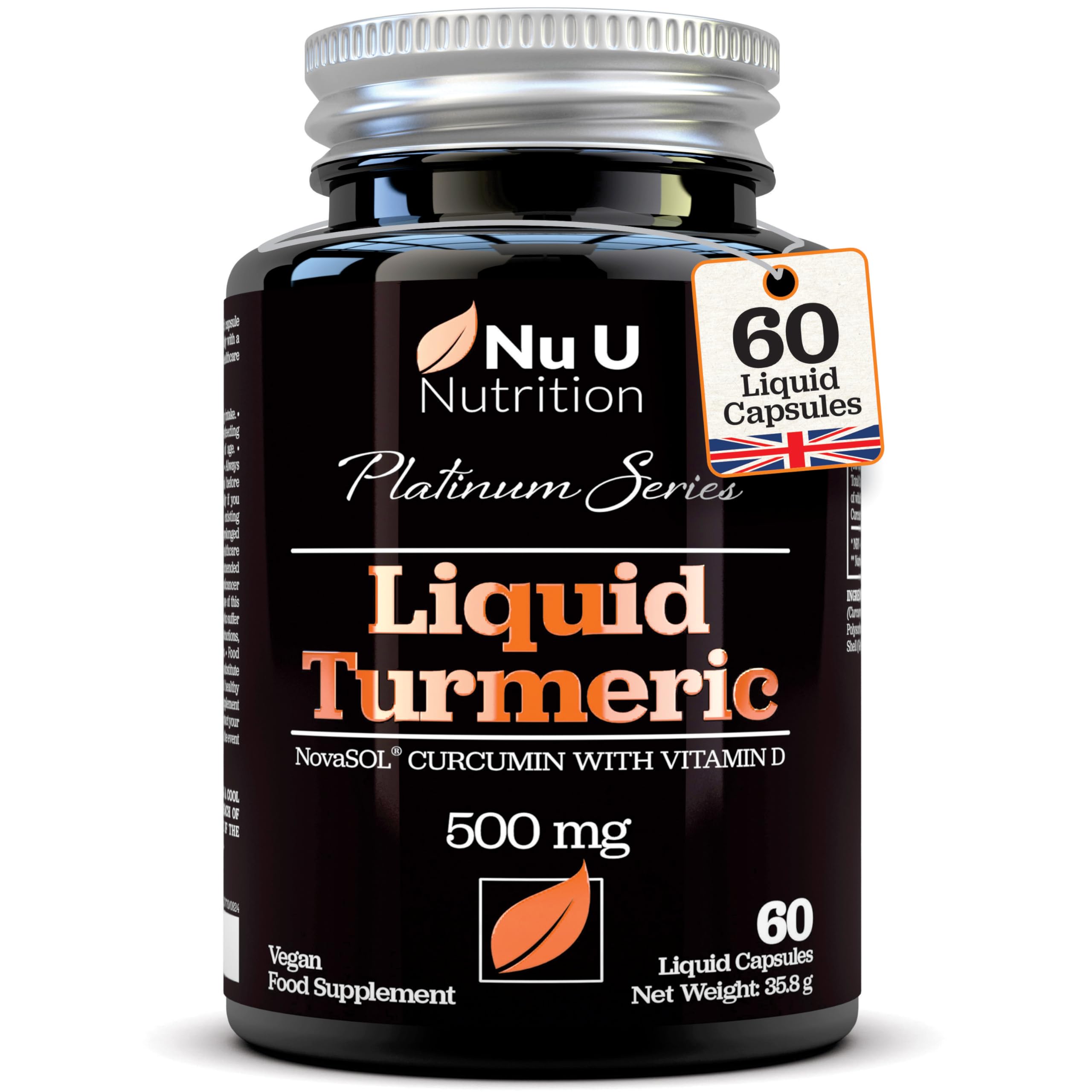 NovaSOL® Curcumin - Liquid Turmeric with Vitamin D - 60 Vegetarian Capsules - 185x More Bioavailability - High Strength Tumeric Supplement - Made in The UK - Nu U Nutrition