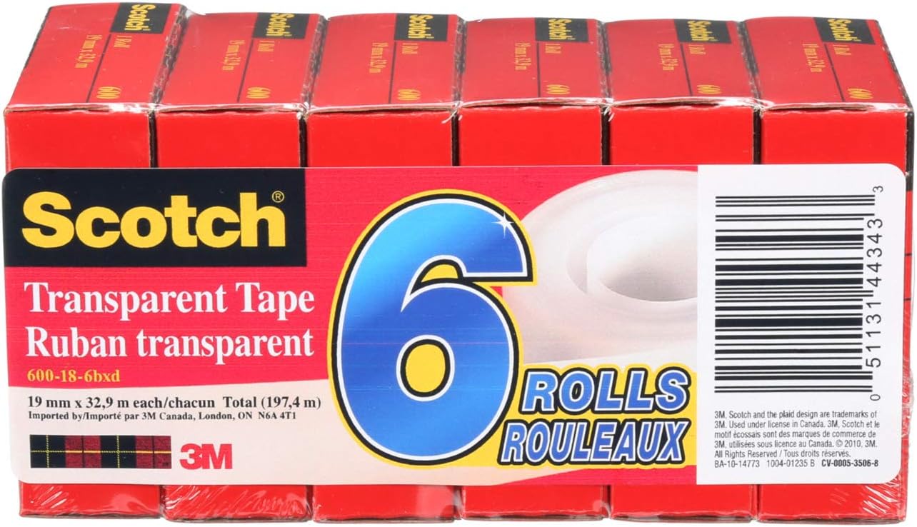 Scotch Tape Transparent Tape, 19mm Wide X 32.9M, 6 Rolls Amazon.ca