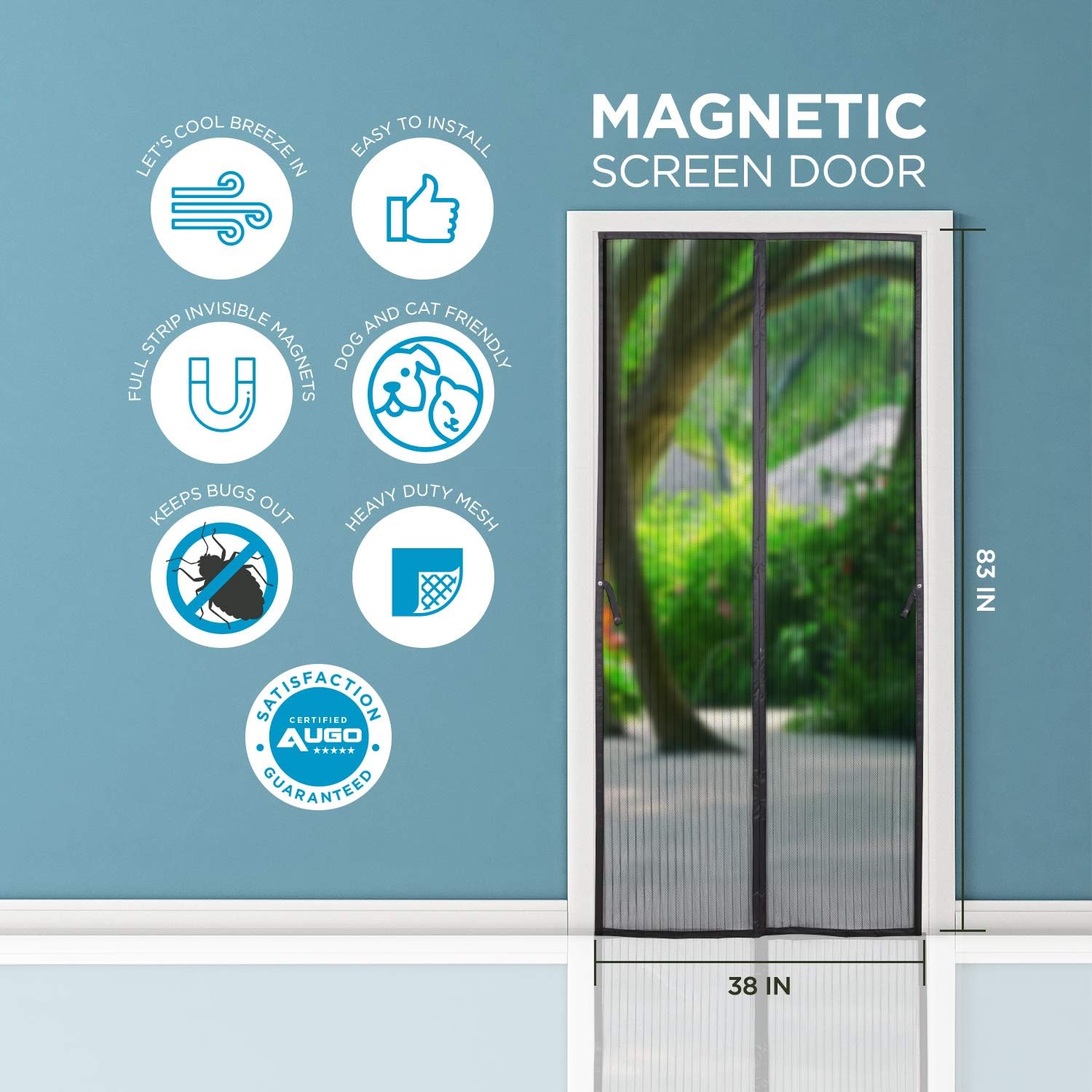 Magnetic Screen Door - Self Sealing, Heavy Duty, Hands Free Mesh Partition Keeps Bugs Out - Pet and Kid Friendly - Patent Pending Keep Open Feature - 38" x 83" - by Augo - - 