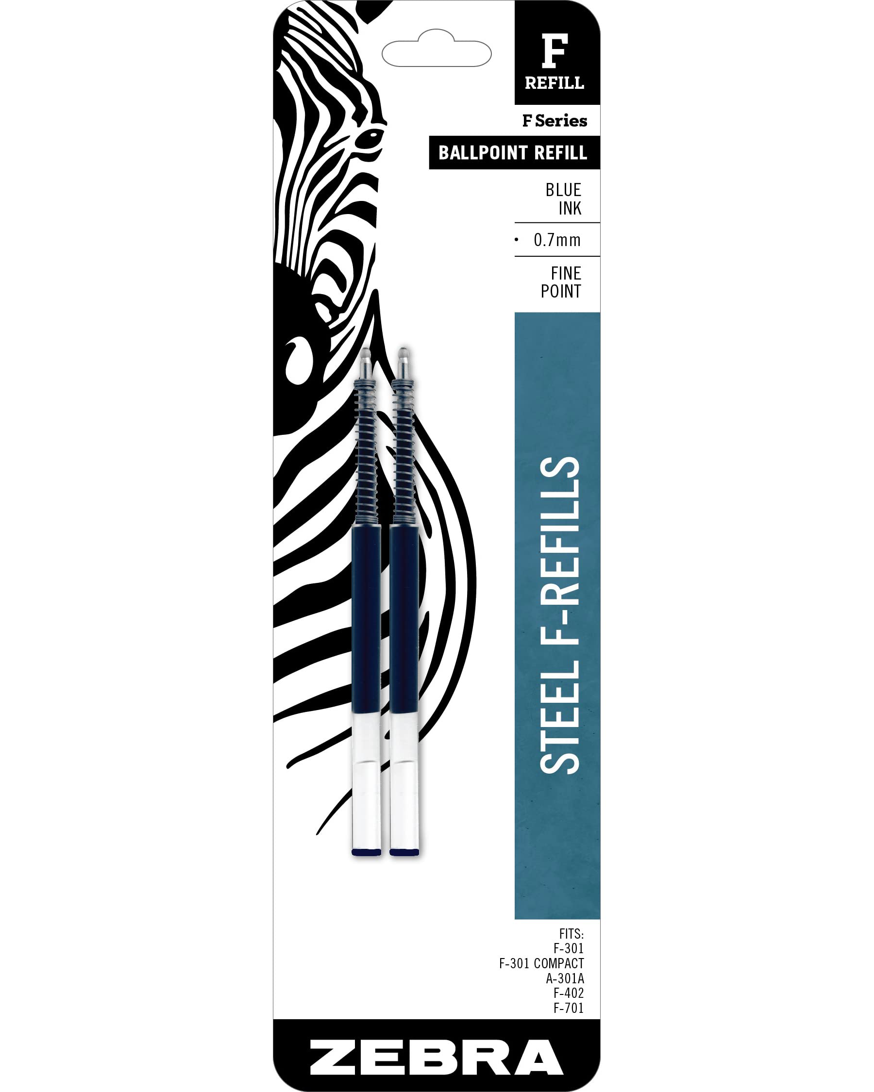 Zebra F-Series Ballpoint Stainless Steel Pen Refill, Fine Point, 0.7mm, Blue Ink, 2-Count