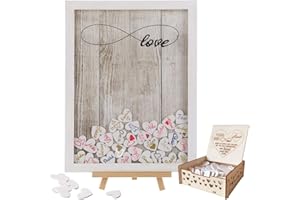 Y&K Homish Wedding Guest Book Wooden Picture Frame, Drop Top Frame with 100PCS Wooden Hearts, Rustic Wedding Decorations and Gift (White wooden frame + Unlimited love)