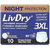LivDry 3XL Overnight Adult Diapers for Women and Men, XXXL Incontinence Underwear, 72”-92" Waist, Disposable Pull-On Briefs, XXX-Large, 10 Count