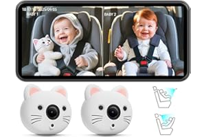 IIWEY Baby Car Camera for 2 Kids – 7.2” Ultrawide Split-Screen Monitor with Dual 1080P HD Car Seat Cameras, Cute Replaceable Cat Covers, Night Vision, Type-C Power, Easy Install for Twins or Siblings