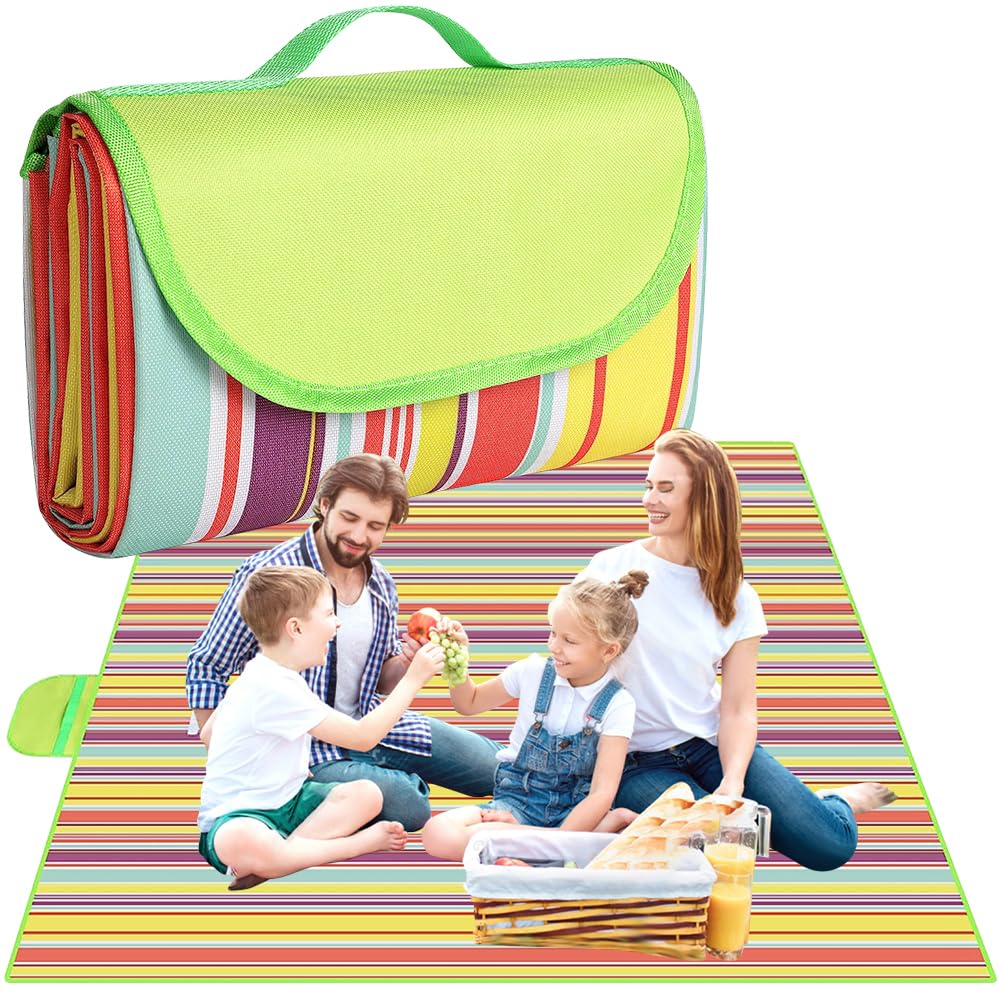 Tyuodna Large Picnic Blanket 200 x 200 cm,Beach Blanket Waterproof and Sand Proof with Carrying Handle,Foldable Picnic Blanket Large Padded,Beach Mat Picnic Mat Machine Washable (rainbow bar)