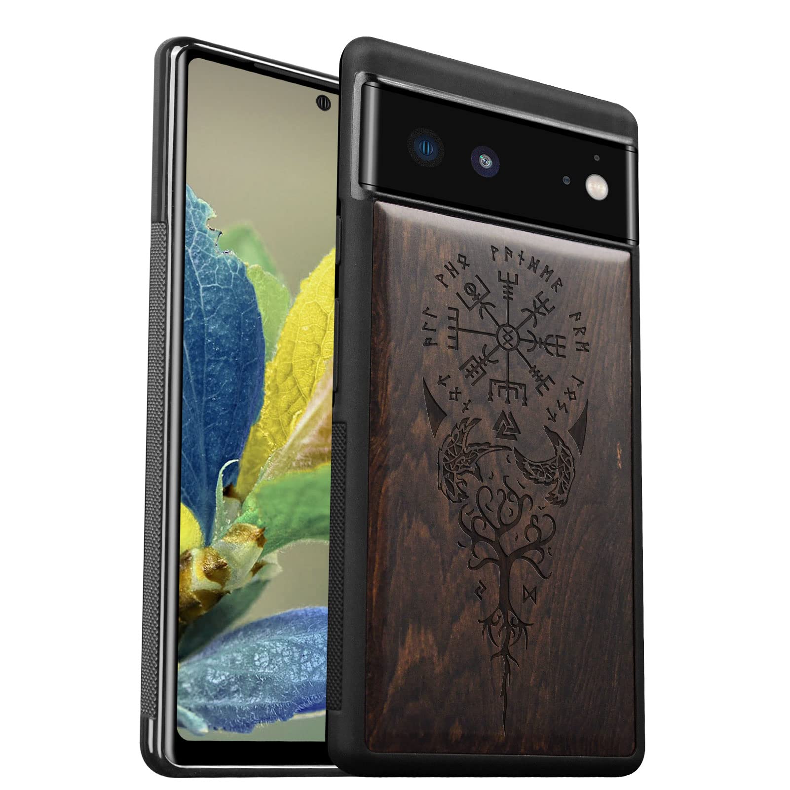 Carveit Wood Case for Pixel 6 Case [Hard Real Wood & Soft Black TPU] Shockproof Hybrid Protective Cover Unique & Classy Wooden Case Compatible with Google Pixel 6 (Vegvisir Viking Compass-Blackwood)