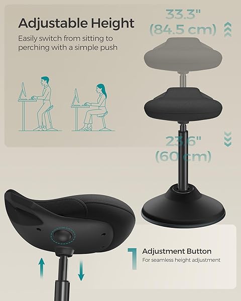SONGMICS ERGONOMIC WOBBLE STOOL, HEIGHT ADJUSTABLE STANDING DESK STOOL 23.6-33.3 INCHES, SWIVEL BALANCE CHAIR WITH NON-SLIP BASE, STANDING CHAIR, FOR ACTIVE SITTING, OFFICE, HOME, INK BLACK UOSC02BK