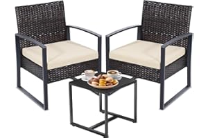 KROFEM 3 Pieces Patio Outdoor Wicker Bistro Furniture Set, Conversation Set, 2 Chairs Plus Table, for Porch, Balcony, Patio, Brown Frame with White Cushion