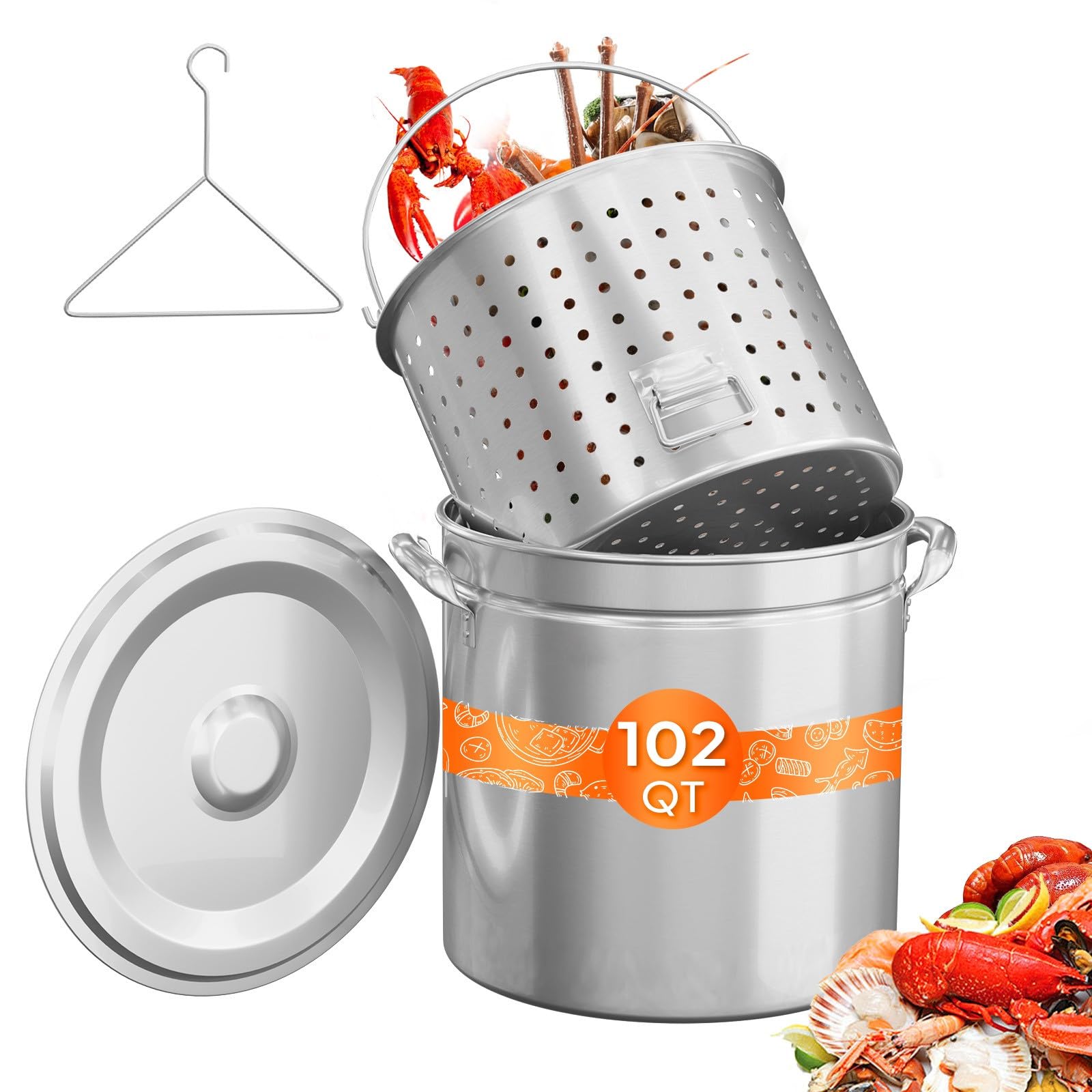 ROVSUN 102QT Stainless Steel Seafood Boil Pot With Strainer Basket, Lid & Hook, Versatile Stock for Crab, Lobster, Shrimp Boiling, Heavy-Duty Turkey Fryer for Outdoor Cooking & Gatherings