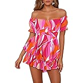 Fixmatti Women's Color Block Romper Off The Shoulder Short Sleeve Ruffle Jumpsuits Playsuit