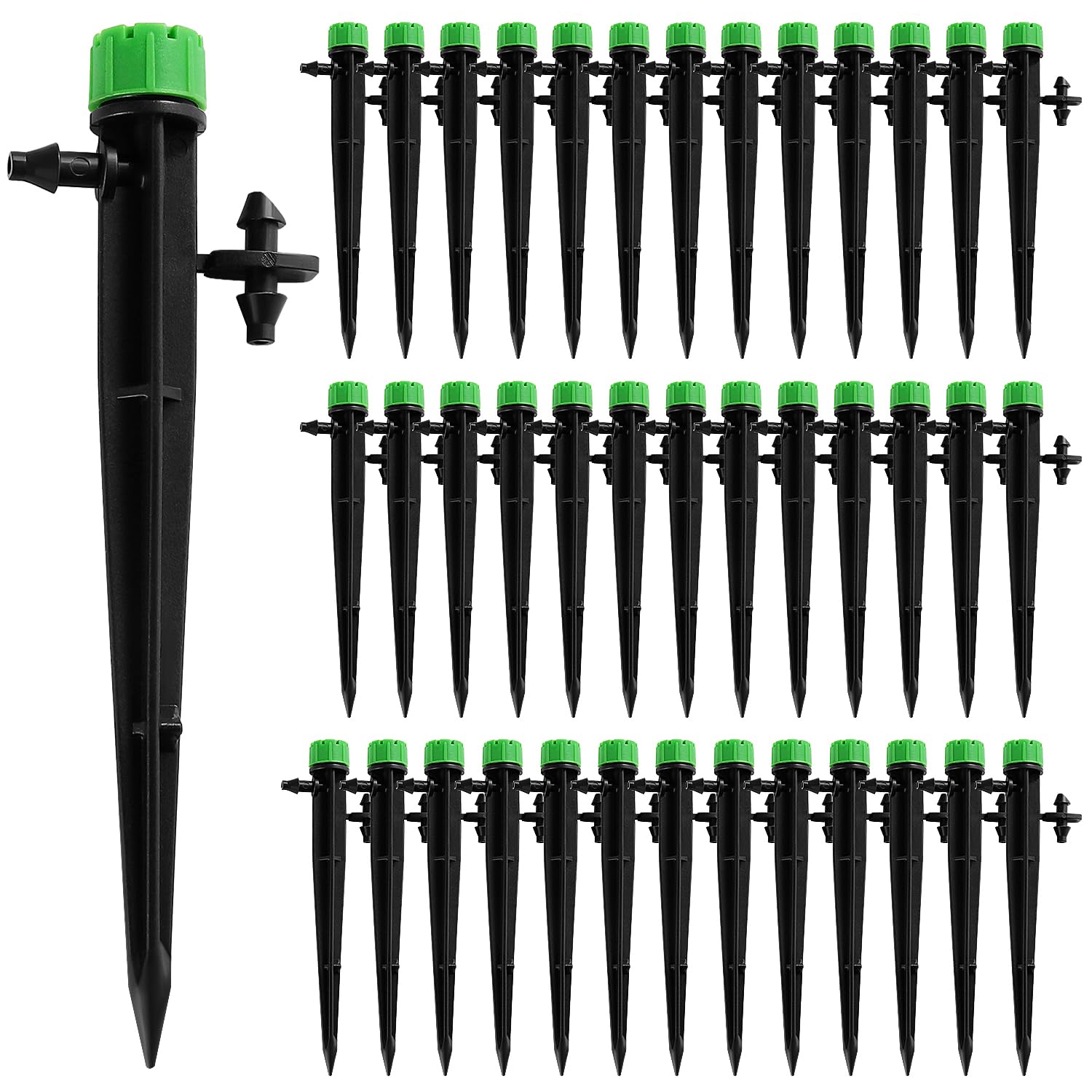 VooGenzek 40 PCS 360 Degree Adjustable Irrigation Dripper Sprinkler, Micro 8-Hole Stake Emitter Dripper for 4/7 mm Garden Hose Irrigation System, Water Flow Stake Emitter, Green (with Connector)