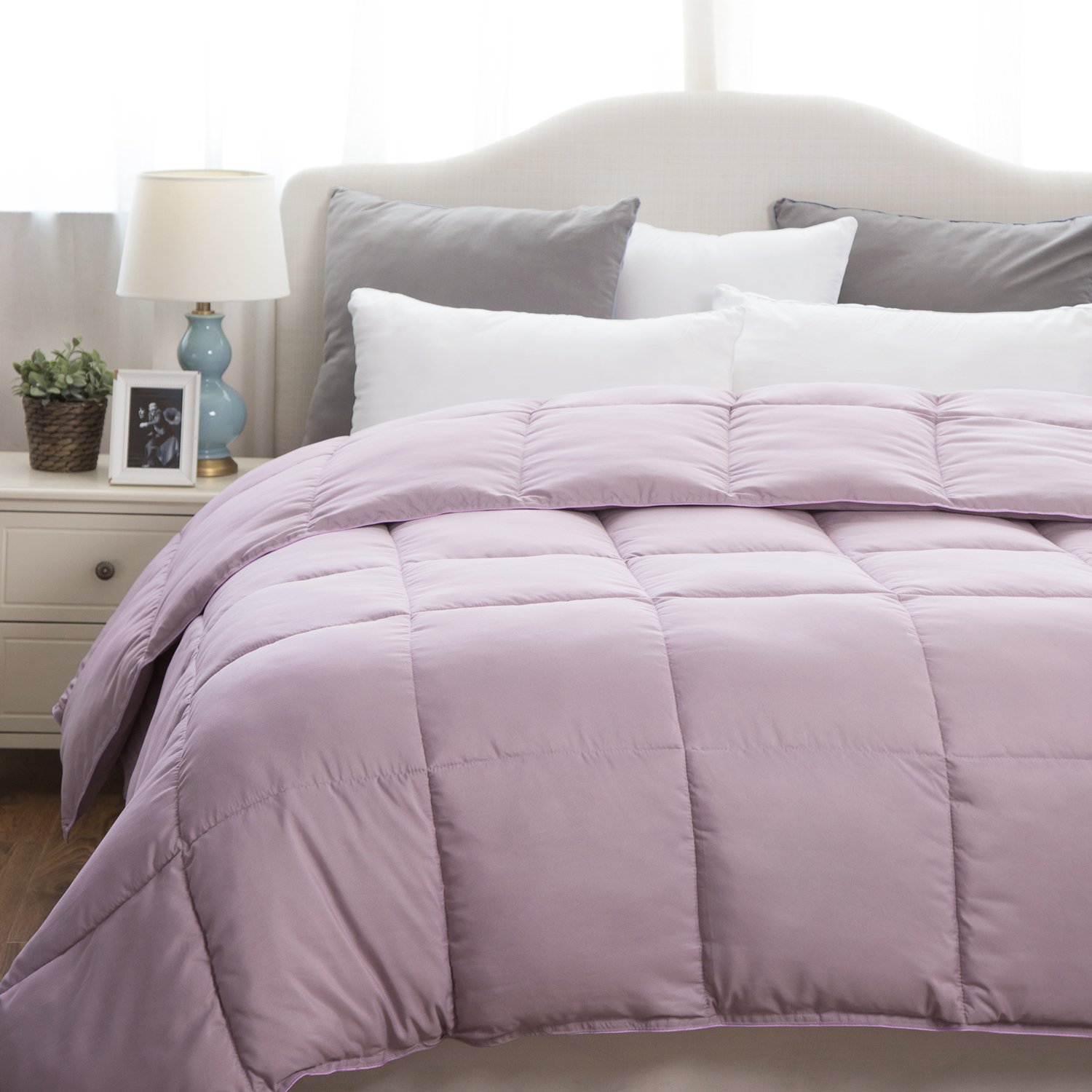 Box Stitching Design King Size Comforter Purple Lavender Duvet Insert Quilted Down Alternative with Corner Ties 102\