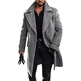 Runcati Mens Double Breasted Trench Coat Mid Long Jacket Notched Lapel Winter Chunky Warm Overcoat