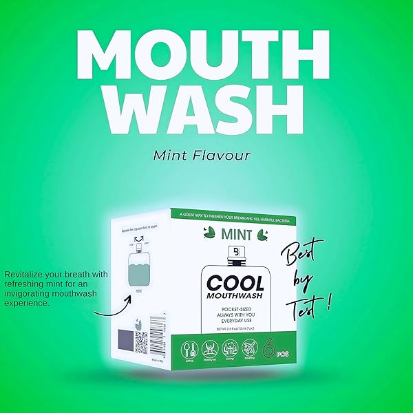 BEST BY TEST COOL MINT TRAVEL MOUTHWASH, ORAL CARE FRESH BREATH MOUTHWASH, WHITENING MOUTHWASH, ALCOHOL FREE MOUTH WASH, BAD BREATH TREATMENT FOR ADULTS, 0.5 FL OZ, PACK OF 6