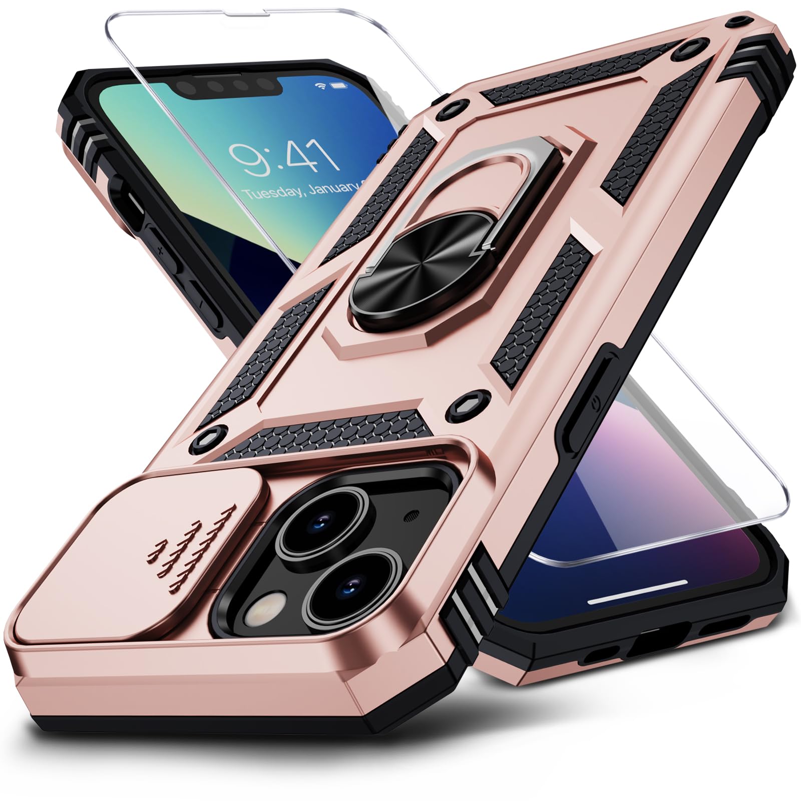Muntinfe for iPhone 13 Case with HD Screen Protector & Slide Camera Cover & Rotated Ring Kickstand, [Military-Grade] Rugged Heavy Duty Protective Phone Case for iPhone 13 6.1 inch, Rose Gold