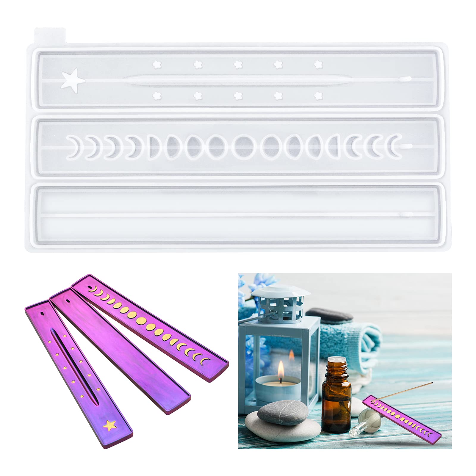 WANDIC Rectangle Incense Holder Resin Mold, Silicone Moon Phase Incense Sticks Hold Mold Incense Burner Container Ashes Catcher Mold for Craft DIY Home Decoration