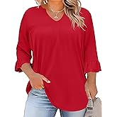 TFSDOD Plus Size Tops for Women V Neck 3/4 Sleeve Pleated Blouses Dressy Casual Fashion Tunic Top (1X-5X)