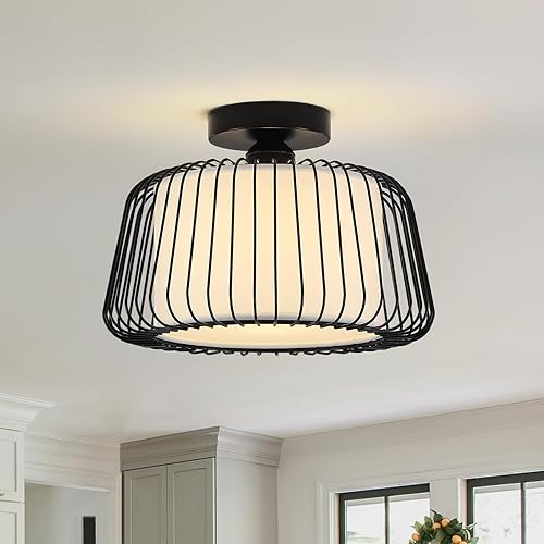 OFLNLL Semi Flush Mount Ceiling Light, Drum Ceiling Light with White Fabric Shade and Black Metal Frame, Modern Entryway Flush Light Fixtures for Bedroom, Kitchen, Hallway (Black)