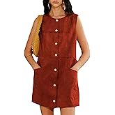 Bozanly Women's Vintage Suede Mini Pinafore Dress Crew Neck Button Down Fall Overall Dresses Trendy Outfits