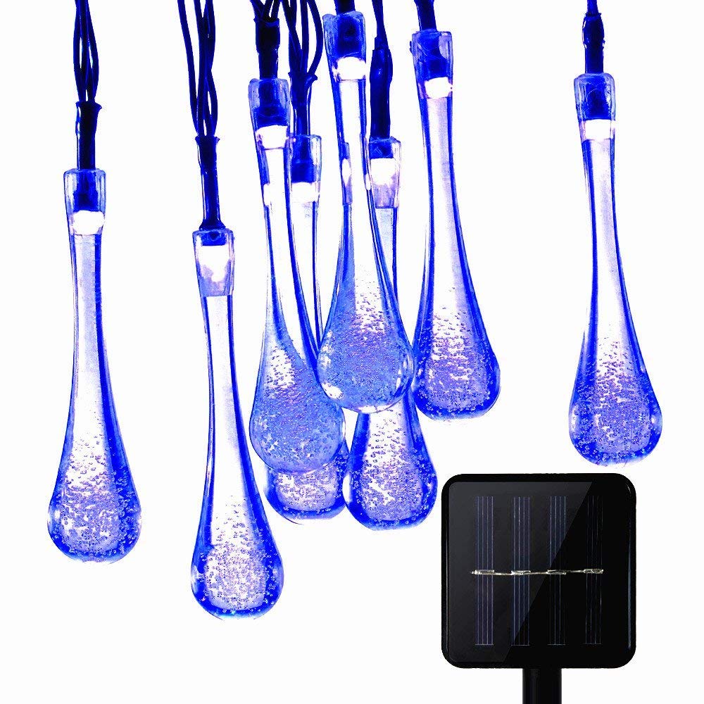 KEEDA 20LED Solar String Lights Waterdrop Fairy Decorative Lights for Outdoor Garden Patio Fence Yard Party Christmas (Blue)