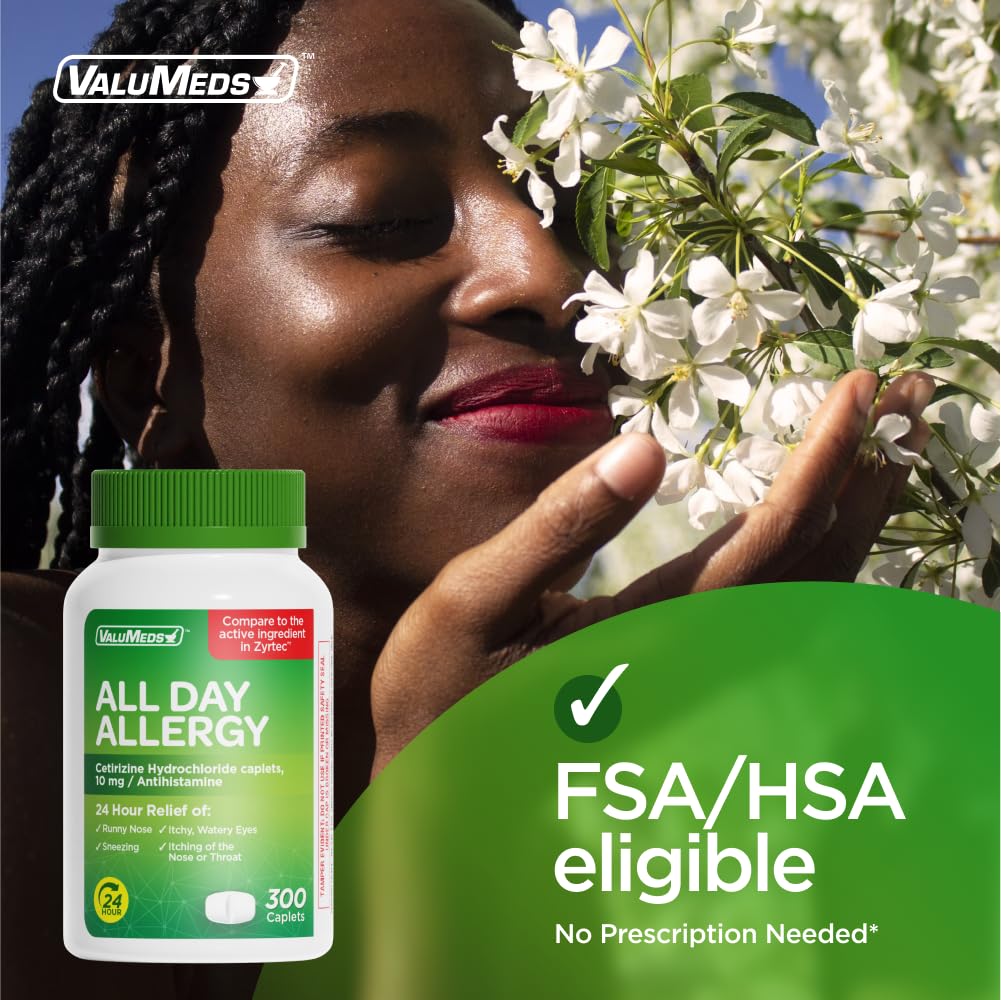 ValuMeds 24-Hour Allergy Medicine Antihistamine for Pollen, Hay Fever, Dry, Itchy Eyes, Allergies | Cetirizine HCl 10mg Caplets, Compare to Leading Brand (300 Count)
