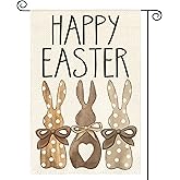 AVOIN colorlife Happy Easter Polka Dot Rabbit Garden Flag 12x18 Inch Double Sided Outside, Love Heart Bunny Bow Yard Outdoor Decoration
