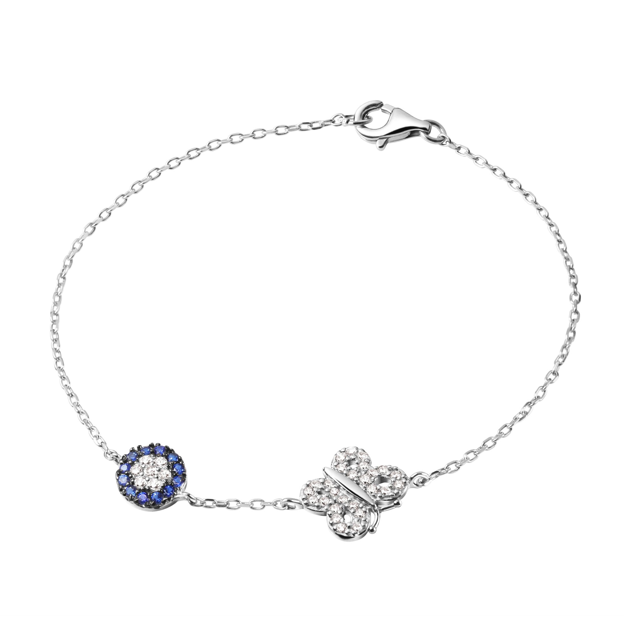 Franki Baker Small & Dainty Sapphire Blue Flower & Crystal Butterfly Bracelet 925 Sterling Silver Length 18cm