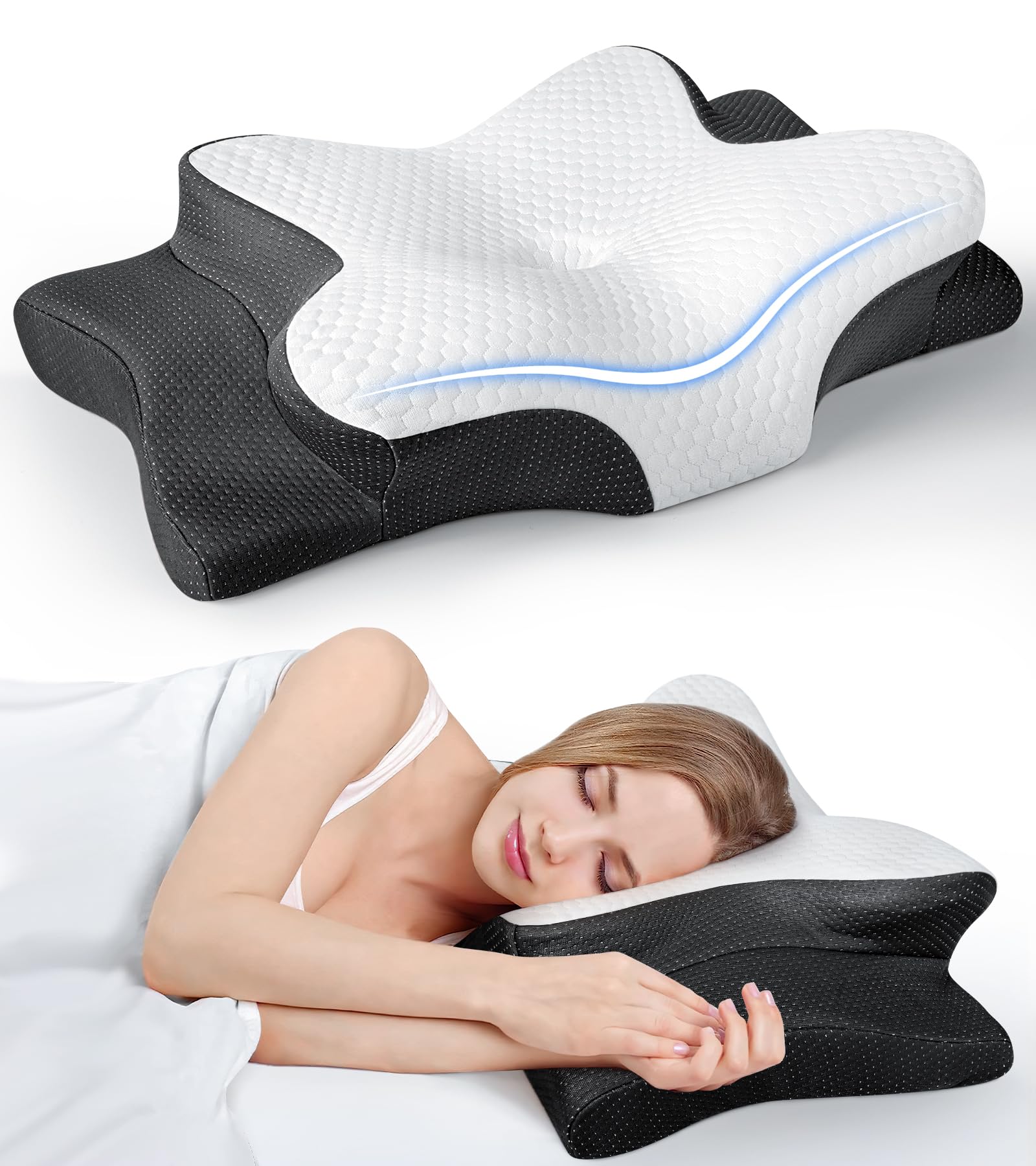 Photo 1 of Ultra Pain Relief Cooling Pillow for Neck Support, Adjustable Cervical Neck Pillow Cozy Sleeping, Odorless Ergonomic Contour Memory Foam Pillows, Orthopedic Bed Pillow for Side Back Stomach Sleeper