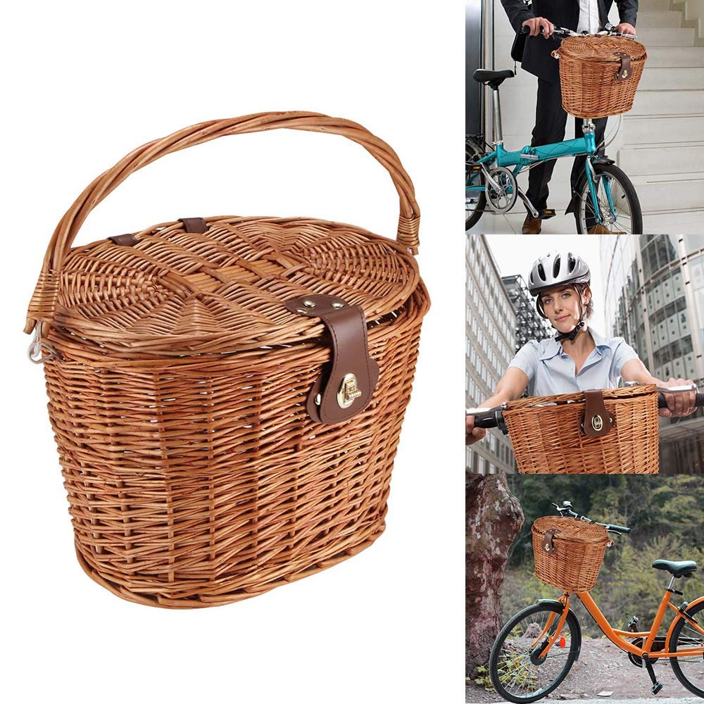 HaavPoois Wicker Bicycle Front Basket with Leather Straps, Portable Handle, Suitable for All Styles of Bikes, Road Bikes, Mountain Bikes, etc.