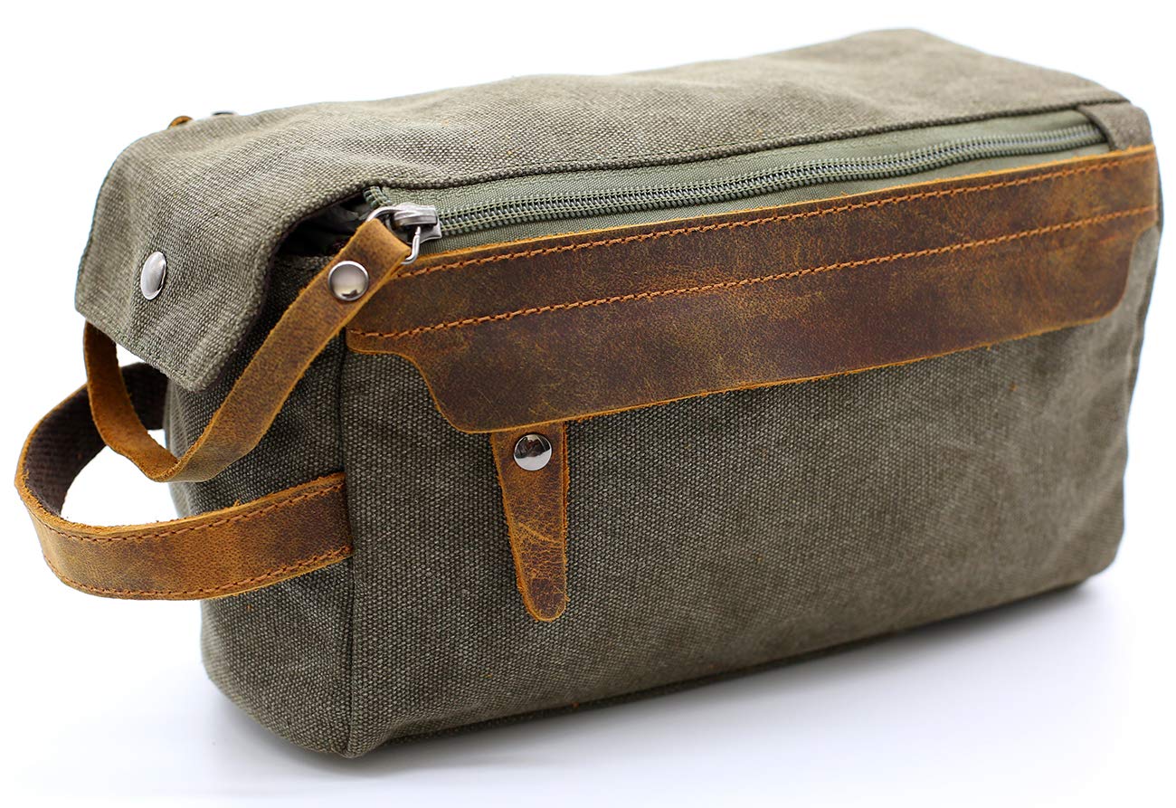 Toiletry Bag For Men And Women Personalized Shaving Kit Bag Crazy Horse Leather Dopp Kit For Men Travel Shaving Bag Mens Toiletry Bag Canvas Dopp Kit For Travel (ArmyGreen (Blank))