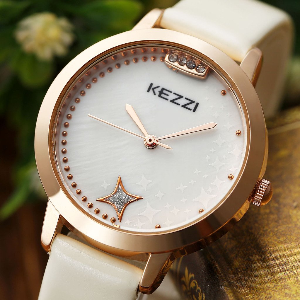 JSDDE Women Fashion Water Resistant Japanese Quartz Seashell Star Dial PU Leather Band Wrist Watch-White