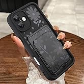MOWIME Compatible with iPhone 16 Case with Card Holder, Daisy Floral Shockproof Soft TPU Protective Cover Women Girls, Anti Scratch Wallet Case for iPhone 16 6.1 Inch, Black