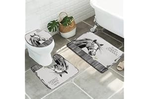 SATRTUD 3pcs Farmhouse Horse Bathroom Sets with Non-Slip Rug,Toilet Lid Cover and Bath Mat,Rustic Animal Horse Daisy Flower Western Barn Country Wooden Fence Country Bathroom Carpet Bath Mat Toilet Rugs