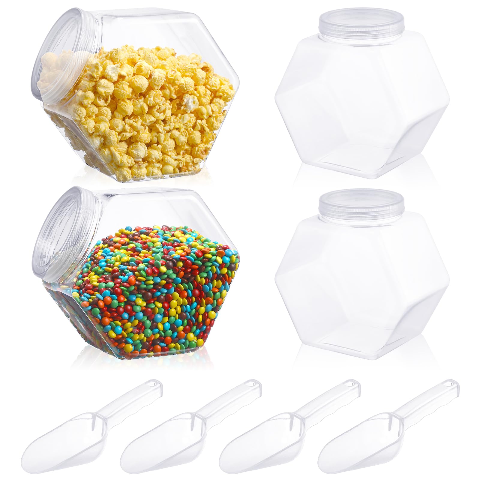 Photo 1 of 4 Pcs 122 oz Plastic Candy Jar with Lids and Scoops Hexagon Cookie Jars Clear Reusable Containers for Kitchen Counter Candy Bar for Cookies, Pets Treats, Laundry Pod, Craft Supplies Display Storage