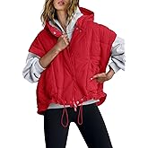 Panadila Womens Puffer Vest Oversized Sleeveless Quilted Jacket Zip Up Shacket with Hood Fall Winter Poncho Tops