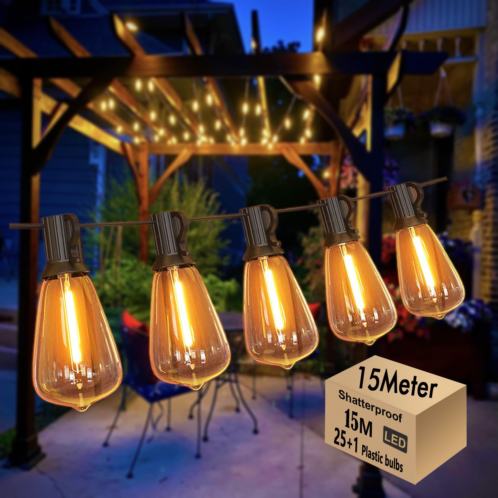 Skeerei 15M Festoon Lights Outdoor Mains LED Waterproof Garden String Lights with 25+1 Shatterproof LED Bulbs, Connectable Patio Lights String for Outside — image 1