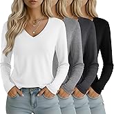Oakgarden 4 Pack Women's Long Sleeve T-Shirts V Neck Basic Tees Curved Hem Casual Tops Loose Fit Fall Outfits