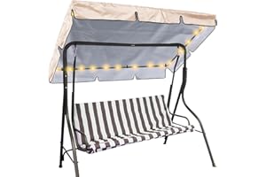 GliCraft LED Lighted Porch Swing Canopy Replacement Waterproof LED Swing Canopy Top Cover 2-3 Seat Shade Awning Cover for Garden Outdoor Patio(77 x 49 Inch,Beige)