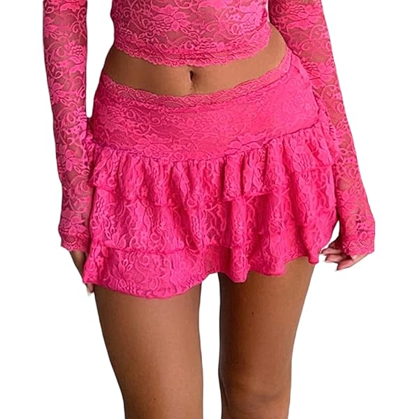Women Ruffle Layered Mini Skirt Low Waist Sheer Floral Lace