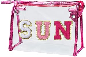 COSHAYSOO Clear Makeup Bag Preppy Sunscreen Pouch Waterproof Beach Pool Travel Things Summer Stuff Traveling Cosmetic Accessories for Women Teen Girl Gift with Cute Chenille Letter Patch Pink SUN