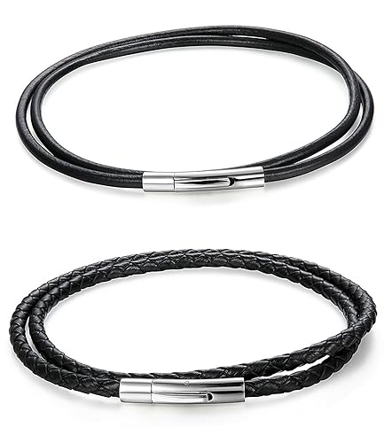 BE STEEL Schmuck 2Pcs 3-4MM Leder Halskette für Herren und Damen Seil Schnur Kette Edelstahl Verschluss 46-71CM