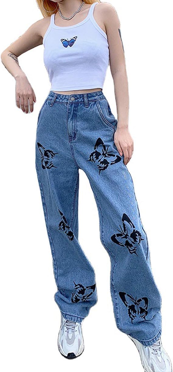 Moda Mujer Mariposa Pierna Ancha Pantalones de Mezclilla de Cintura