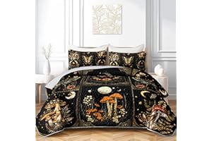 HOSIMA Bohemia King Quilt,Lightweight Mushrooms Flowers Pattern Summer Bedding,Butterfly Print Plaid Patchwork Sun and Moon Boho Floral Bedding for Adult Room Decor with 2 Pillowcases.