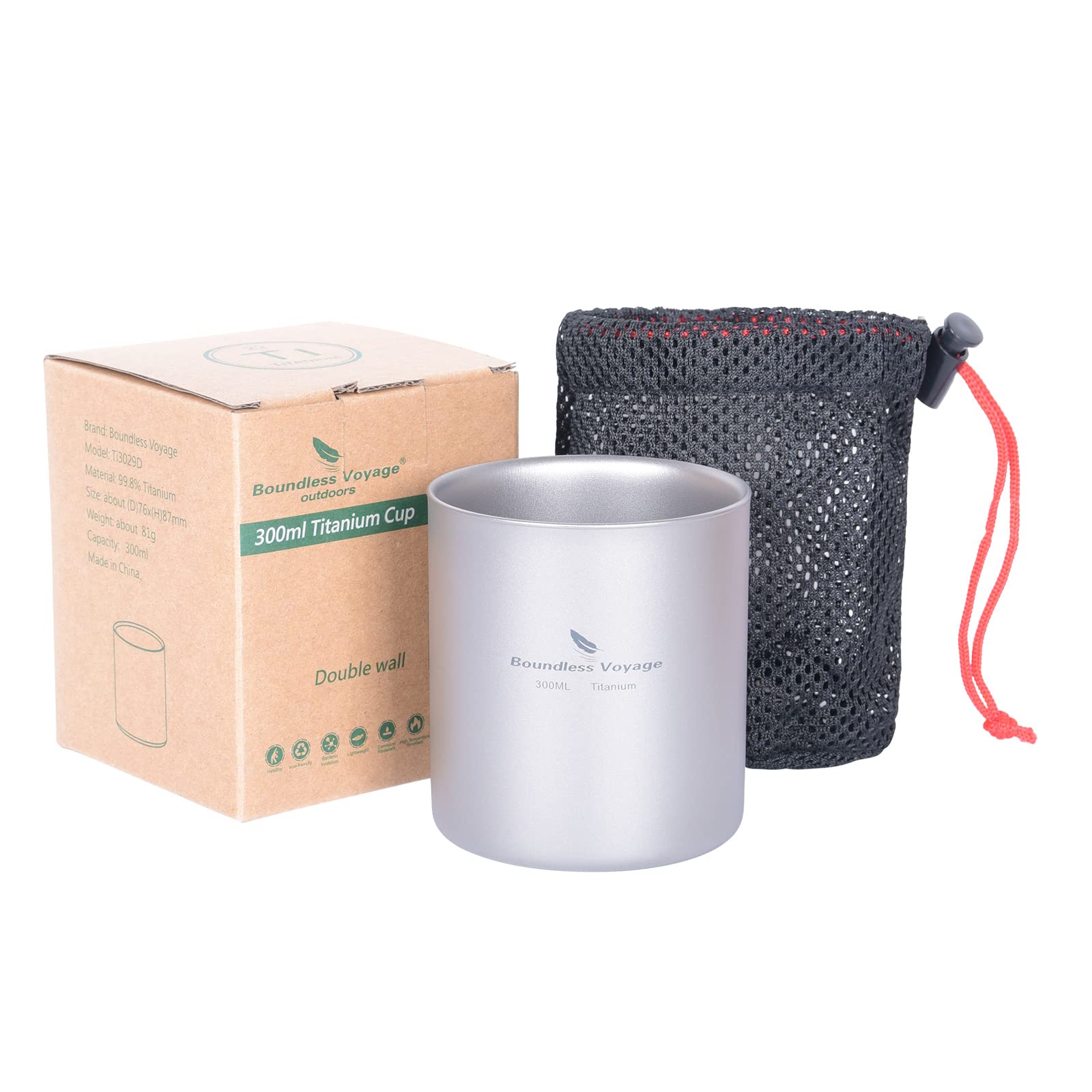 iBasingo 300ml Titanium Double-Walled Cup Cold Hot Insulated Tea Coffee Cup Ultralight Metal Drinking Mug Durable Portable Tableware for Outdoor Camping Hiking Backpacking Picnic Daily Used Ti3029D