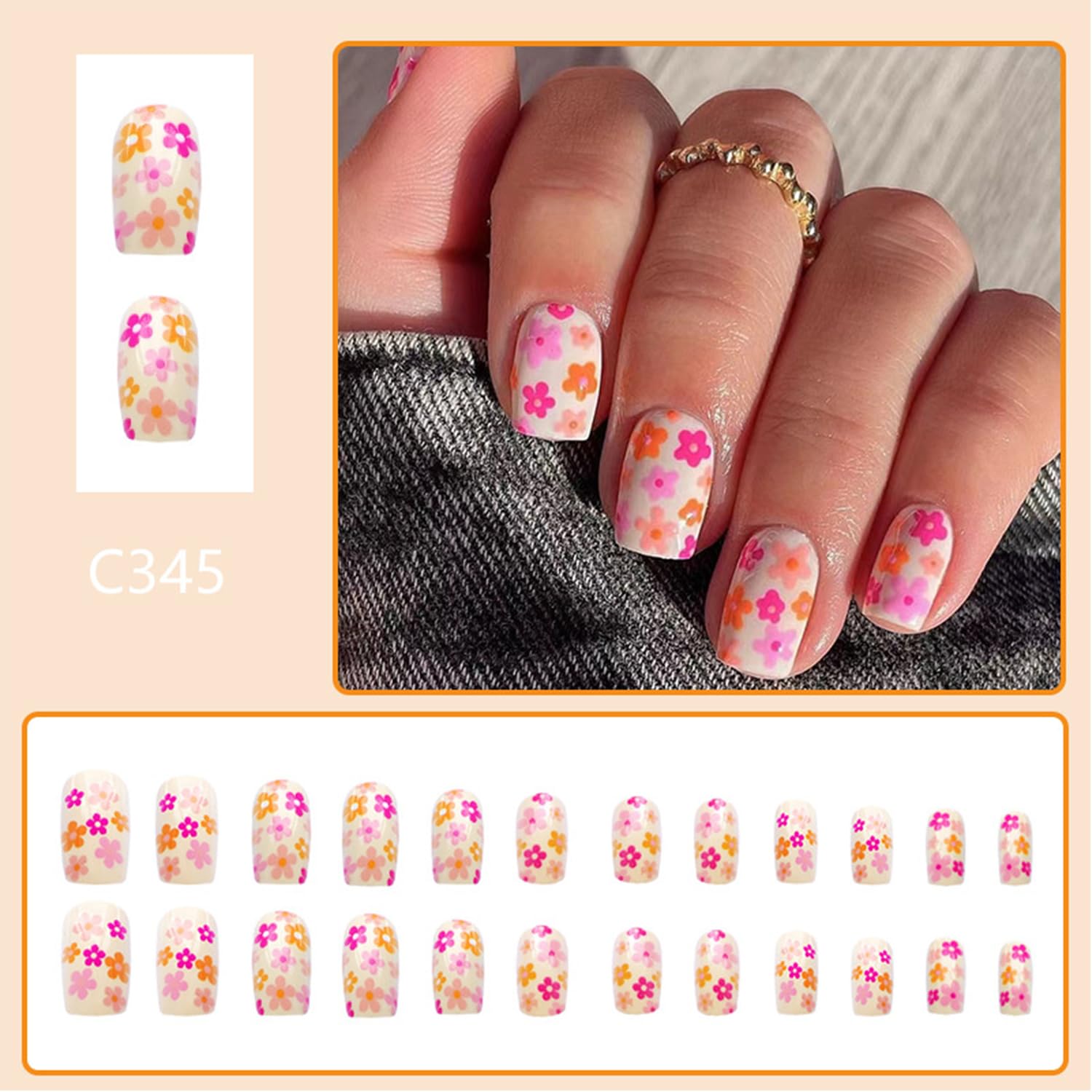 NEWSPIED Coffin Shaped Press on Nails Short Square White Fake Nails with Flowers Designs Full Cover Stick on Nails Spring Summer Small Floral Acrylic False Nails Cute Glue on Nails for Women 24Pcs - Image 2