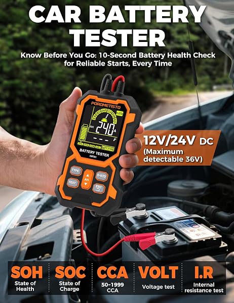 POROMETISTO CAR BATTERY TESTER, 12V/24V AUTOMOTIVE BATTERY DIAGNOSTIC TOOL, 50-2000 CCA LOAD CAPACITY, DIGITAL BATTERY ANALYZER & VOLTAGE METER FOR CAR TRUCK MOTOR SUV BOAR ATV RV