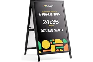 T-SIGN Outdoor A-Frame Sidewalk Sign 24x36 Inch Sandwich Board, Black Coated Steel Metal Double-Sided, Heavy Duty Slide-in Folding Frame Sign Holder, 2 Corrugated Plastic Poster Boards, Display Stand