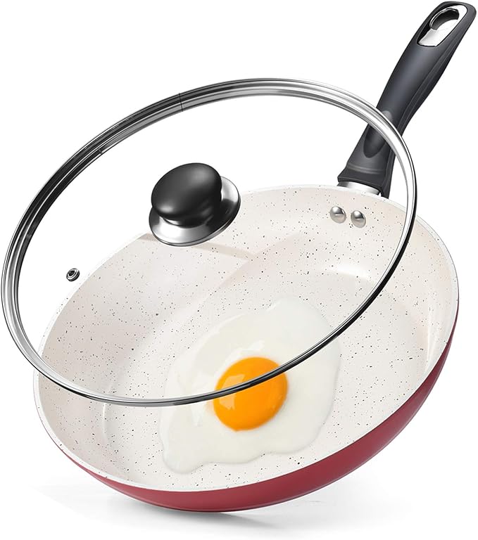 11” White & Pink Ceramic Frying Pan with lid, Exquisitely